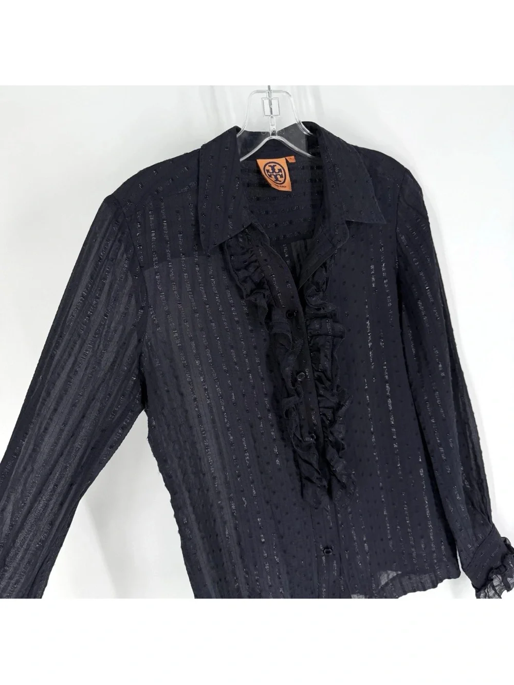 Tory Burch Ruffle Blouse Womens Size 6 Navy Shimmer Sheer Button Up Shirt